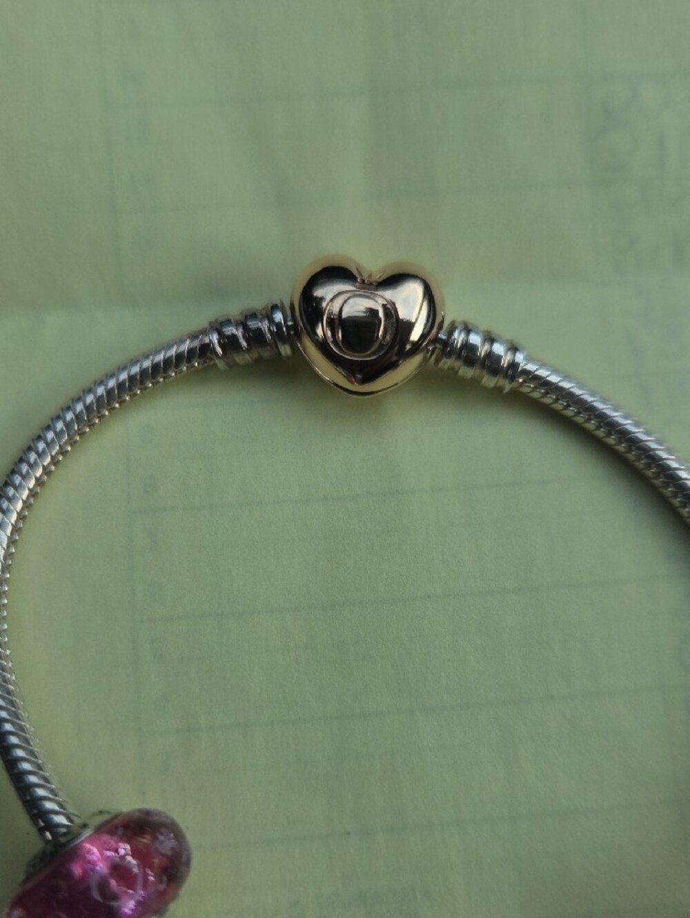 Pandora Silver Snake Bracelet with Pink Glass Beads and Gold Heart Clasp - Picture 2 of 3